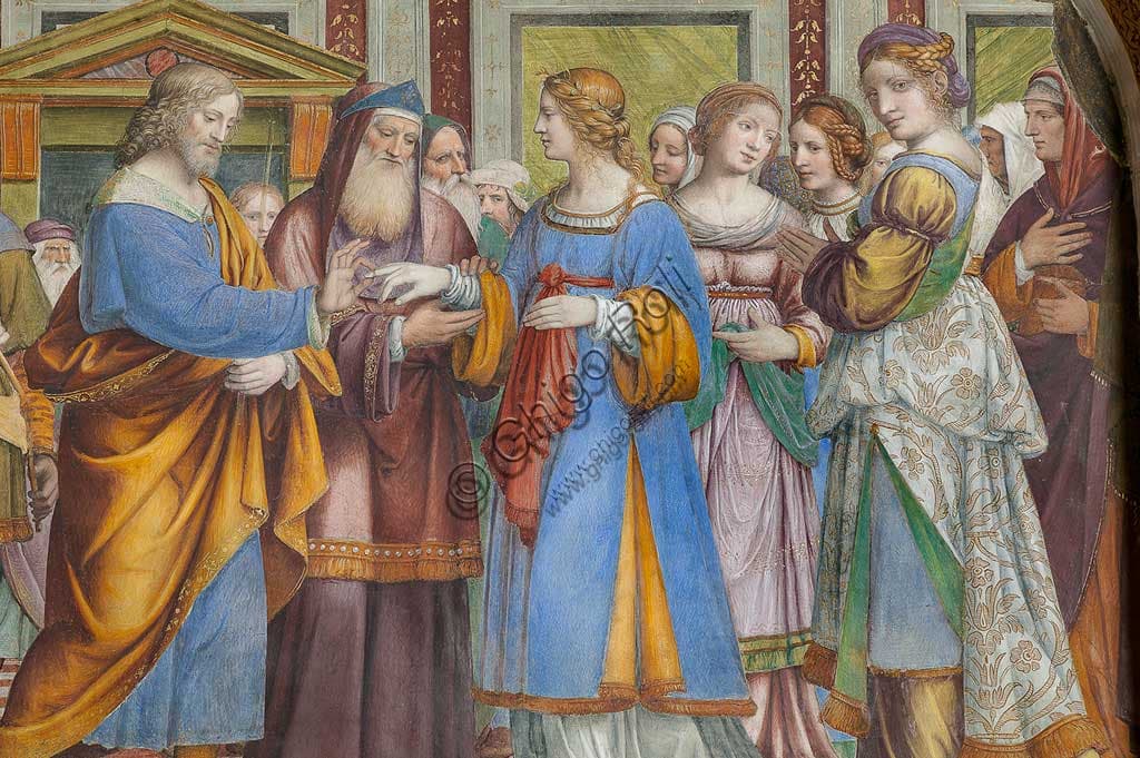 Particolare affresco Sposalizio della Vergine Bernardino Luini Santuario Saronno dettaglio artistico