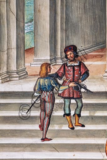 Detail of Pinturicchio fresco showing two armed men on steps, Piccolomini Library, Siena Cathedral