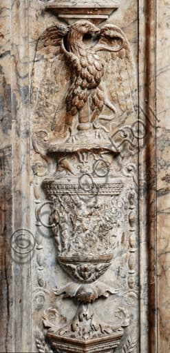 Detail marble sculpture vase eagle hercules antaeus Piccolomini Library Siena Duomo