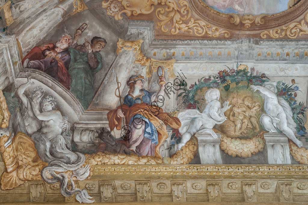 Detail of The Allegory of Human Life fresco by Giovanni Andrea Carlone in Palazzo Rosso Genoa, with Old Age and Prudence with mirror