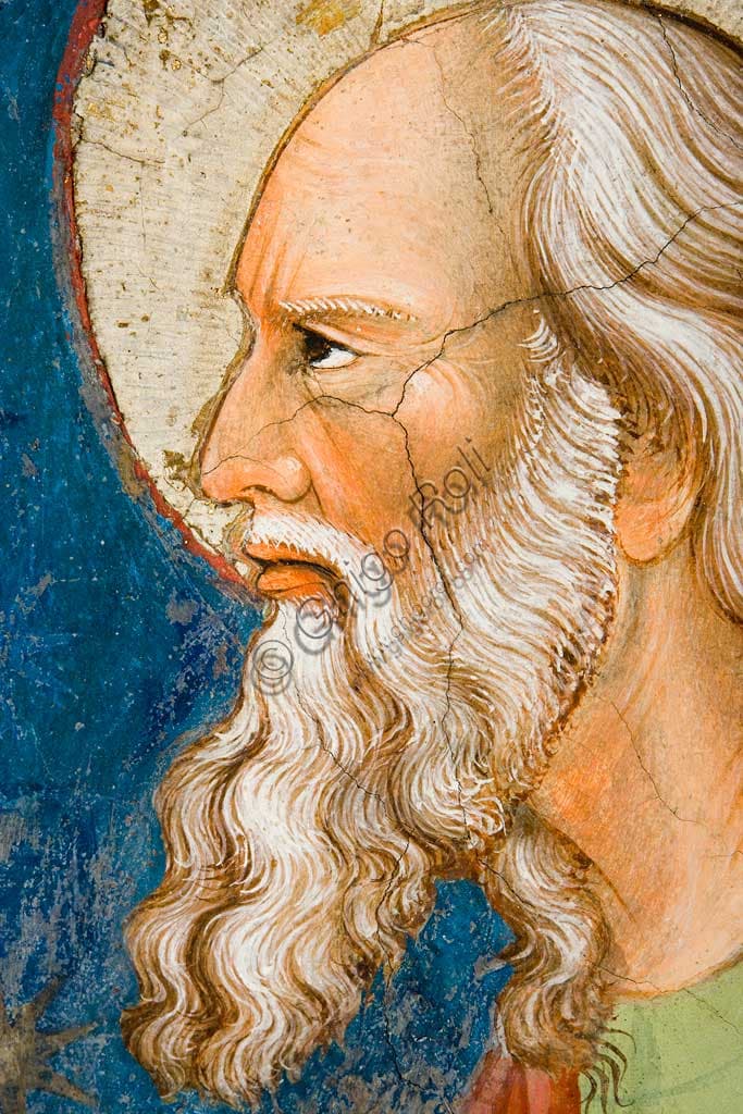 Detail of the face with a white beard, fresco of Saint John Evangelist by the Master of Vignola, Contrari Chapel, Vignola Stronghold