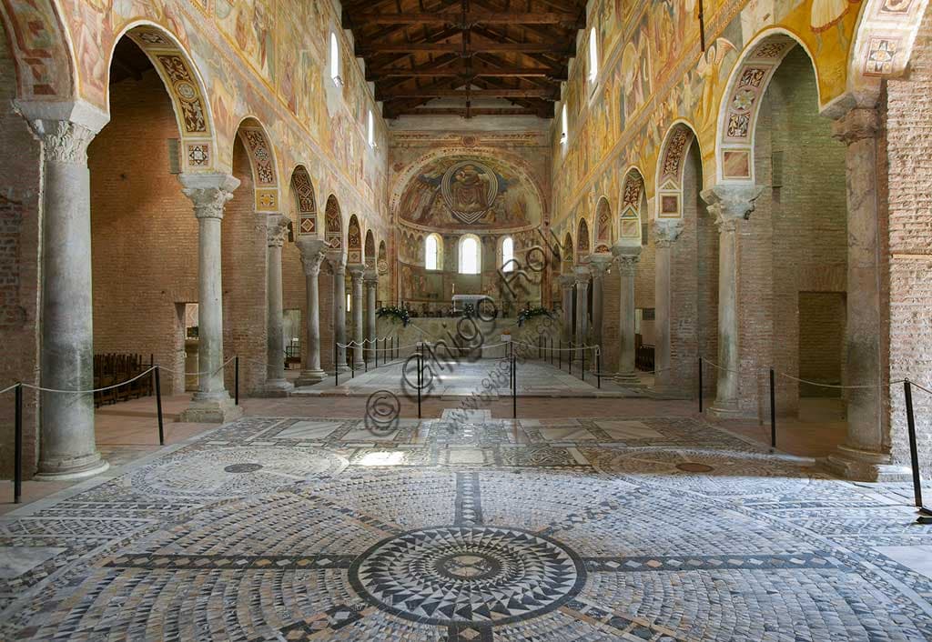 Interior of the Basilica of Santa Maria, Pomposa Abbey, showing a detailed view of the medieval opus sectile floor (6th-12th century).