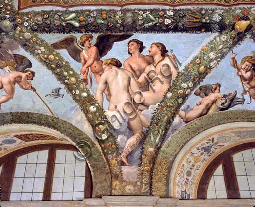 Frescoed pendentive depicting Cupid and the Graces, Loggia of Cupid and Psyche, Villa Farnesina Rome, work by Giulio Romano