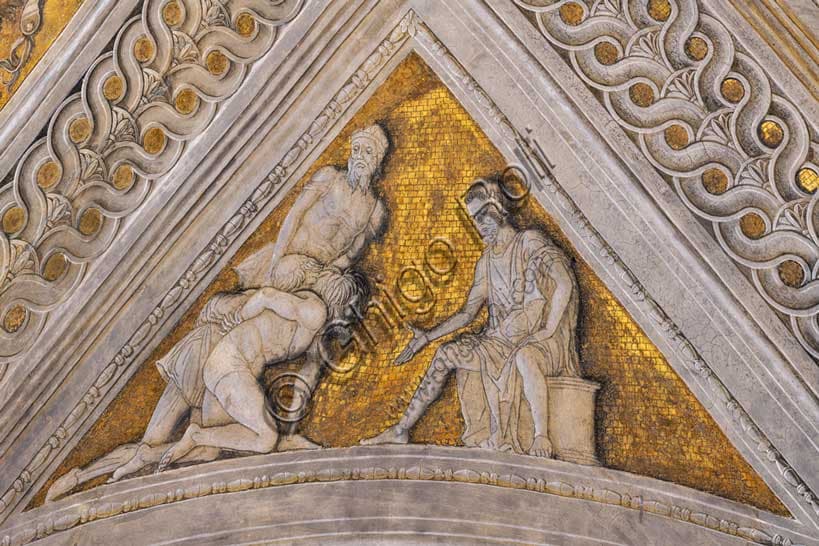Detail of the vault pendentive with Periander condemning bad sailors, fake bas-relief by Andrea Mantegna in the Bridal Chamber, Ducal Palace of Mantua