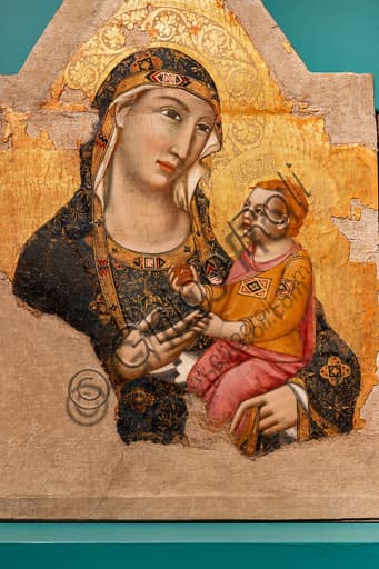 Meo da Siena five panel painting, centre detail Madonna and Child, Italian Gothic art, National Gallery of Umbria Perugia