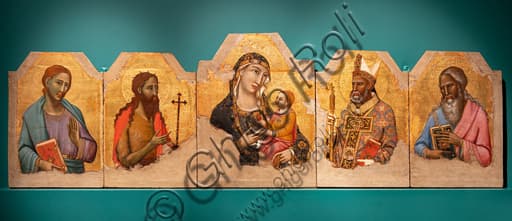 Gothic five-panel altarpiece by Meo da Siena, depicting Madonna and Child with Saints John the Baptist, John the Evangelist, Herculanus, and Andrew