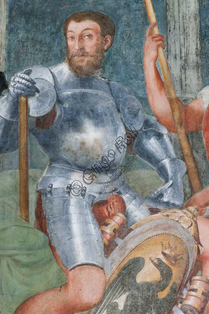 Detail fresco Perin del Vaga, nobleman with armor and shield, Loggia of the Heroes, Villa del Principe Genoa