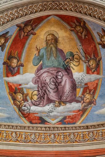 Detail Perugino fresco Montefalco, blessing Eternal in Vesica Piscis between cherubs, 1503