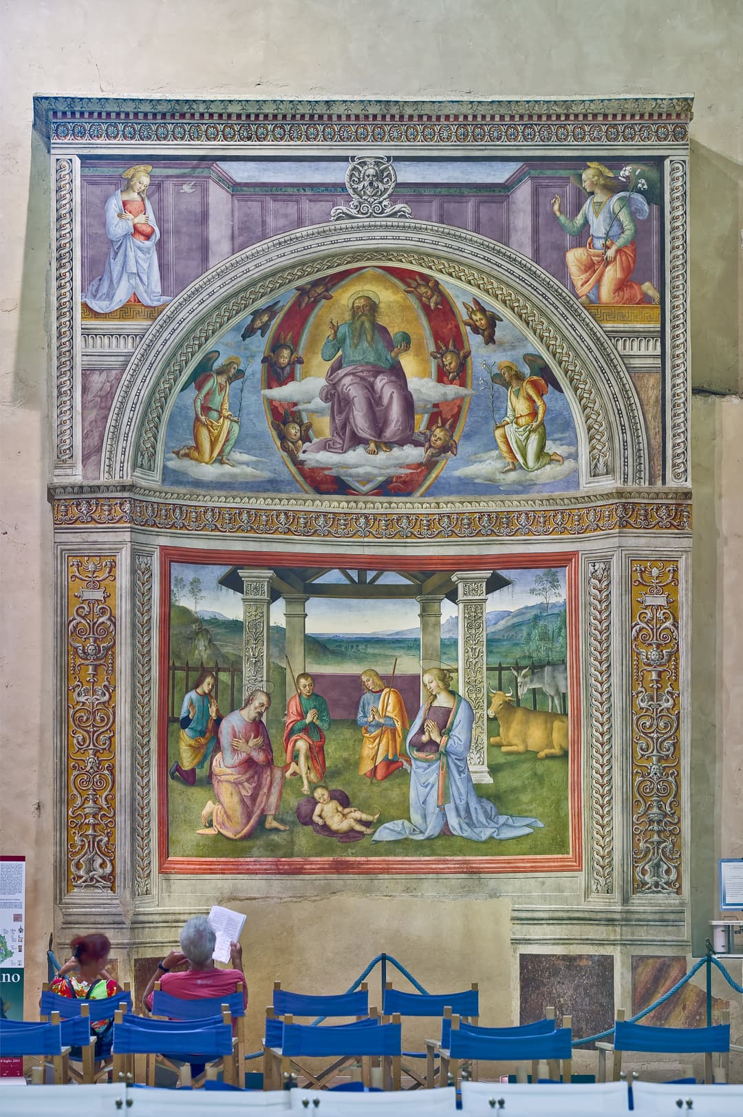 Fresco 'Nativity with Annunciation and the Eternal' by Pietro Perugino from 1503 in Montefalco, Church of St. Francis