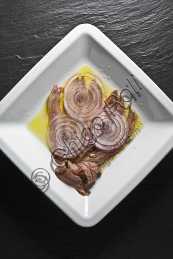 Traditional plate of fresh anchovies with sliced white onions, rustic culinary preparation