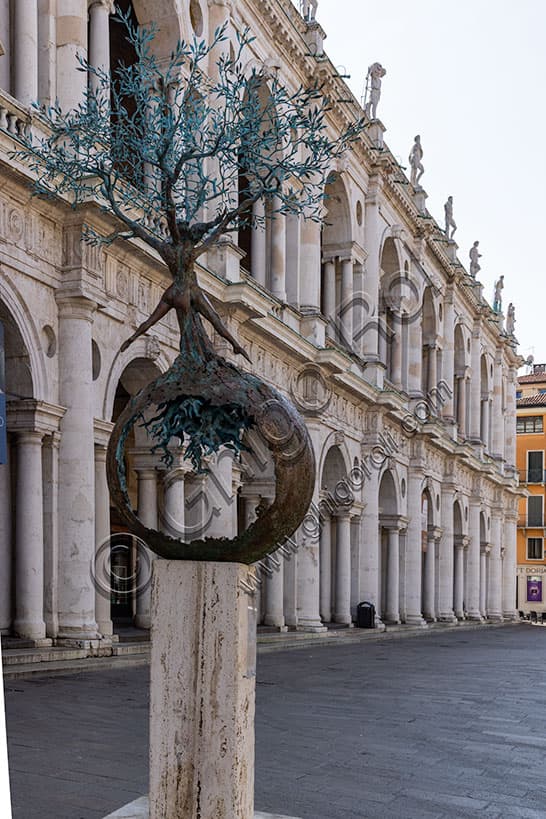 View of Piazza dei Signori square in Vicenza with the Palladian Basilica and Andrea Roggi bronze sculpture