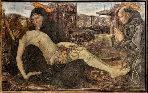 Lamentation with client as Saint Francis, painting by Francesco del Cossa from 1467 depicting the Madonna and the dead Christ