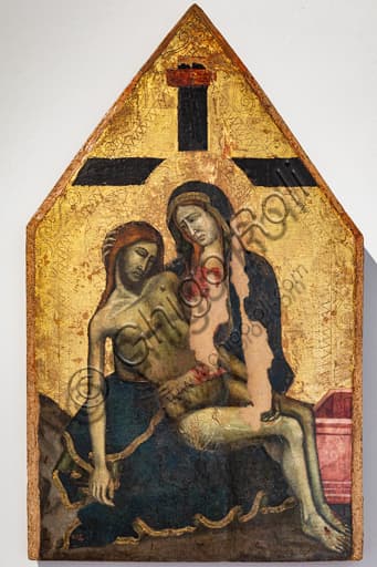 Pietà tempera on panel with golden background painting, Umbrian painter 1330, Montefalco Museum of St. Francis