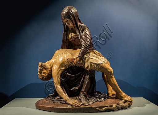 Walnut wood sculpture 'Lamentation' by Lorenzo di Pietro known as Vecchietta, 1445, with serpent crushed under Christ's feet