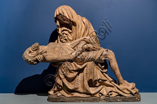 Earthenware Vesperbild Pietà sculpture, Mary holding Christ, Upper Swabian late medieval art 1420-1430