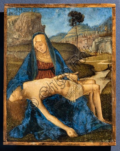 The Lamentation by Vittore Carpaccio, circa 1485, tempera on panel, detail of the Virgin Mary.
