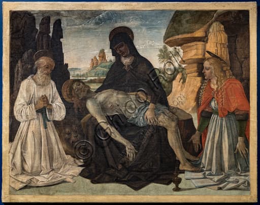 Painting 'Lamentation between St. Jerome and St. Mary Magdalene' by Pietro Perugino, c. 1473 banner