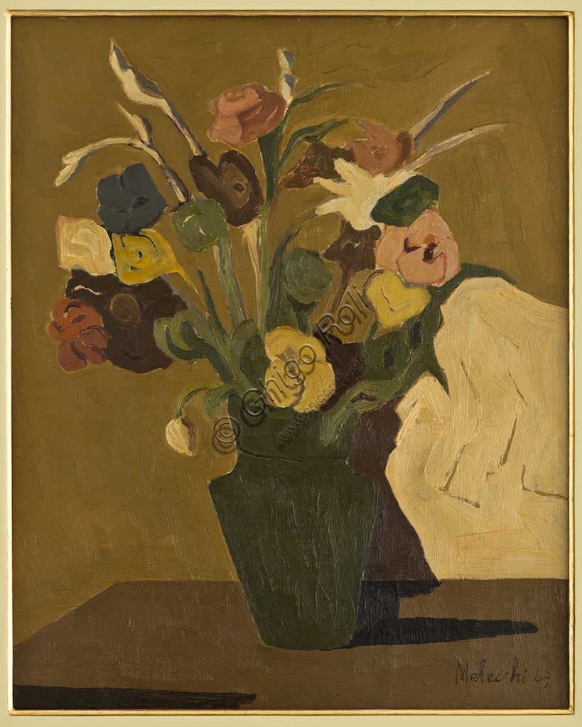 Painting Flower Vase by Pietro Malecchi, oil on plywood, still life with flower vase.