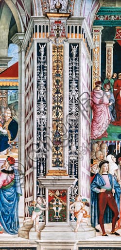 Pilastro angolare Libreria Piccolomini con stemma Piccolomini e tiara papale affrescato da Pinturicchio