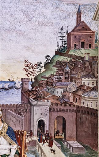 Dettaglio affresco Pinturicchio con mura di Ancona e Cattedrale di San Ciriaco, Papa Pio II benedice la flotta per la Terrasanta