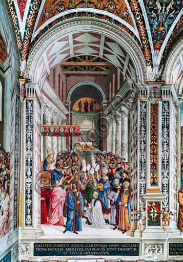 Affresco di Pinturicchio con papa Pio II che entra nella Basilica di San Pietro a Roma, 1458