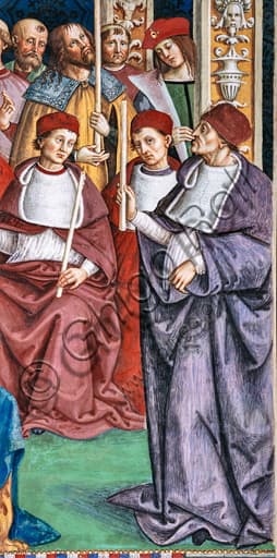 Dettaglio affresco Pinturicchio cardinali assistono canonizzazione Santa Caterina da Siena Duomo Siena
