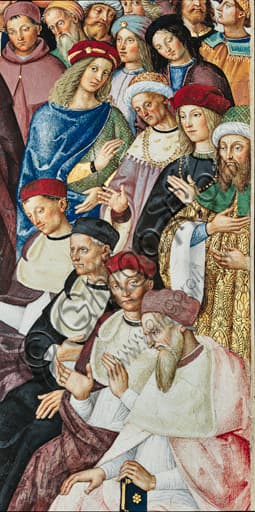 Dettaglio affresco Pinturicchio con cardinali in abbigliamento blu, Duomo di Siena