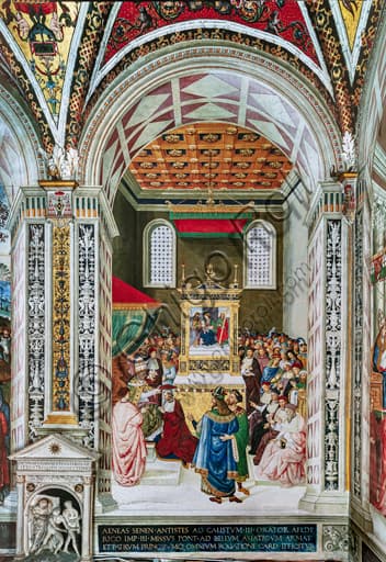 Affresco Pinturicchio - Enea Silvio Piccolomini riceve il cappello cardinalizio a Siena, Duomo, Libreria Piccolomini