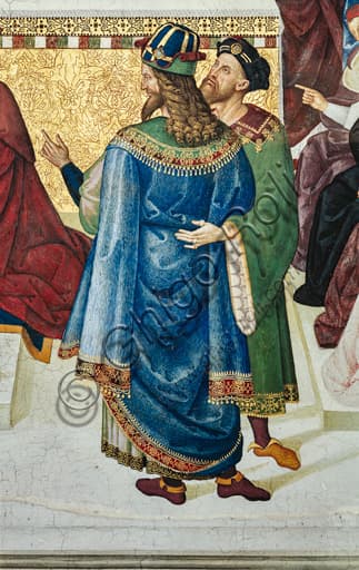 Dettaglio affresco Pinturicchio Enea Silvio cappello cardinalizio con due eleganti spettatori
