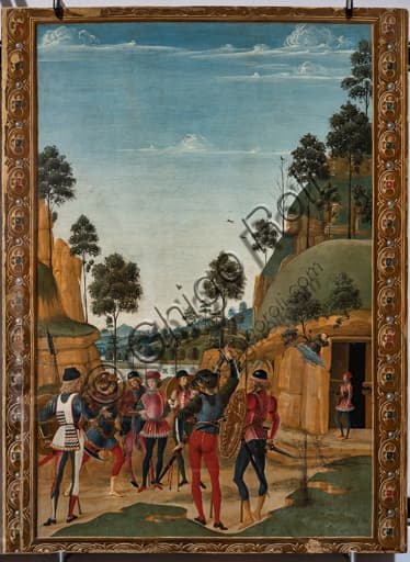 Painting 'Release of a Prisoner', detail from the Stories of Saint Bernardino cycle, tempera on panel, 1473, National Gallery of Umbria, Perugia.
