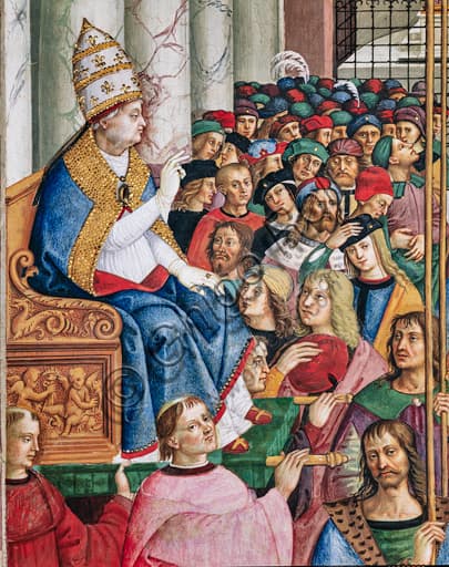 Particolare affresco Pinturicchio: Papa Pio II (Enea Silvio Piccolomini) in abbigliamento papale benedice dalla sedia gestatoria nella Libreria Piccolomini, Duomo di Siena