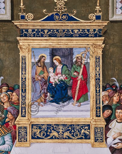 Affresco Pinturicchio, particolare con pala d'altare Madonna col Bambino, santi Giacomo e Andrea, Libreria Piccolomini Duomo Siena