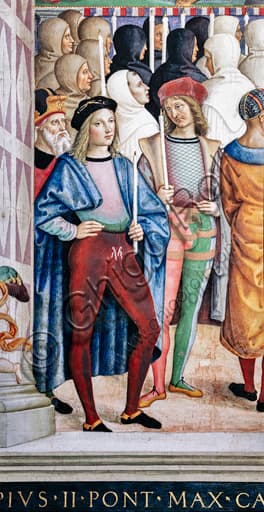 Dettaglio affresco Pinturicchio Libreria Piccolomini Duomo Siena con autoritratto