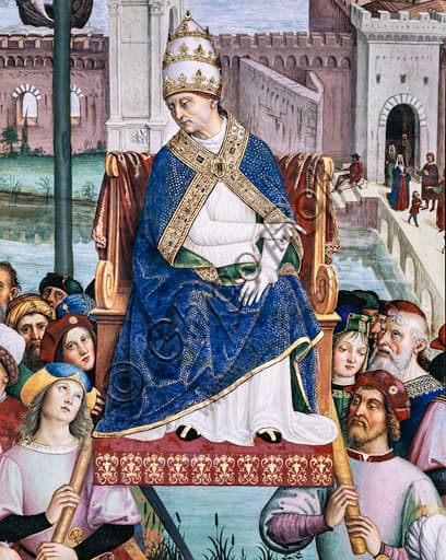 Dettaglio affresco Pinturicchio: Papa Pio II sulla sedia gestatoria ad Ancona, Libreria Piccolomini Duomo Siena