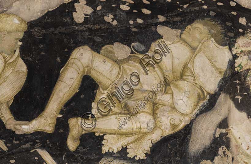 Detail of Pisanello's painting with knight on the ground, Louvezerp Tournament, Ducal Palace Mantua