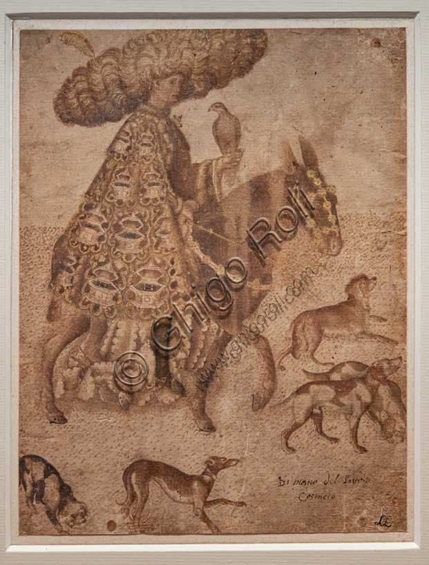 Pisanello antique drawing of a knight with falcon, watercolor on paper