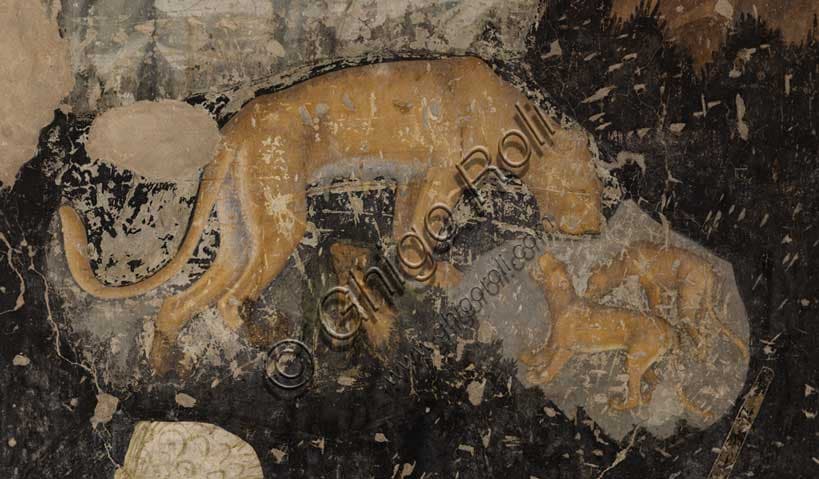 Detail Pisanello fresco lioness and two cubs, Tournament of Louvezerp, Ducal Palace Mantua