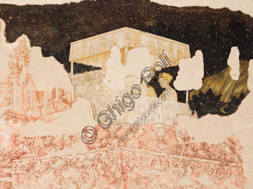 Pisanello, Tournament of Louvezerp fresco, detail ladies in canopy, Ducal Palace Mantua