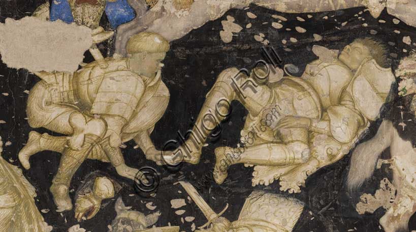 Detail of Pisanello Louvezerp Tournament fresco: crouching knight and fallen knight, Ducal Palace Mantua Italy
