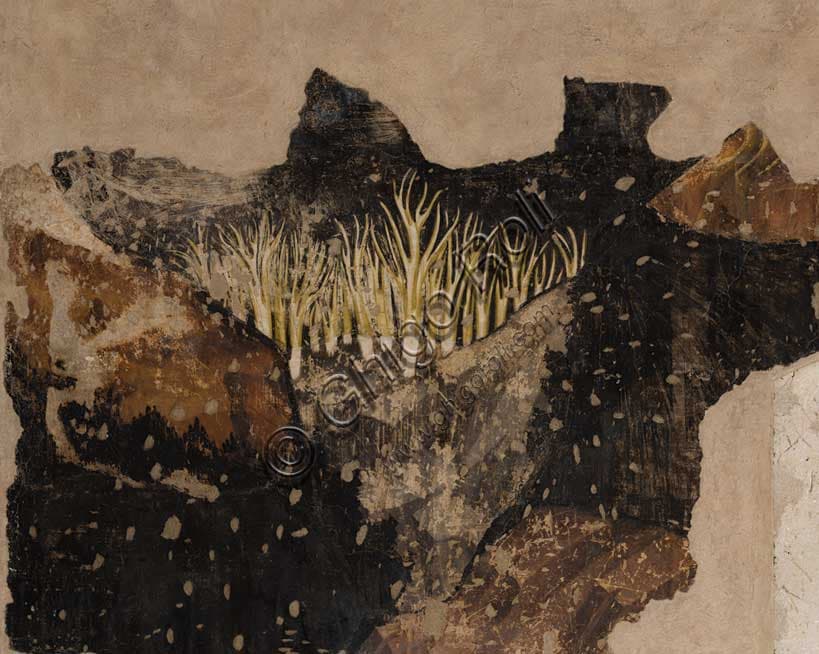 Detail forest trees, Louvezerp Tournament, Pisanello, Ducal Palace Mantua