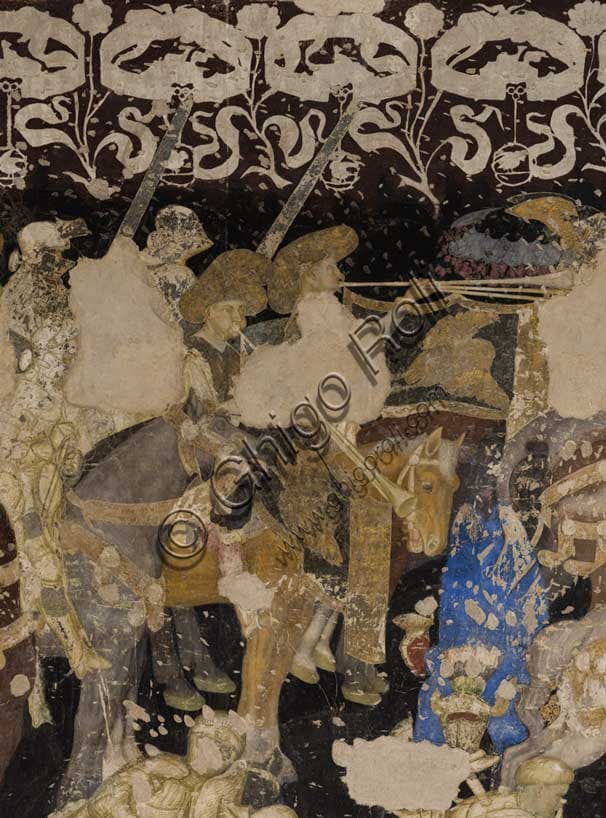 Detail with trumpeters from Pisanello's Tournament-Battle of Louvezerp fresco, Ducal Palace Mantua