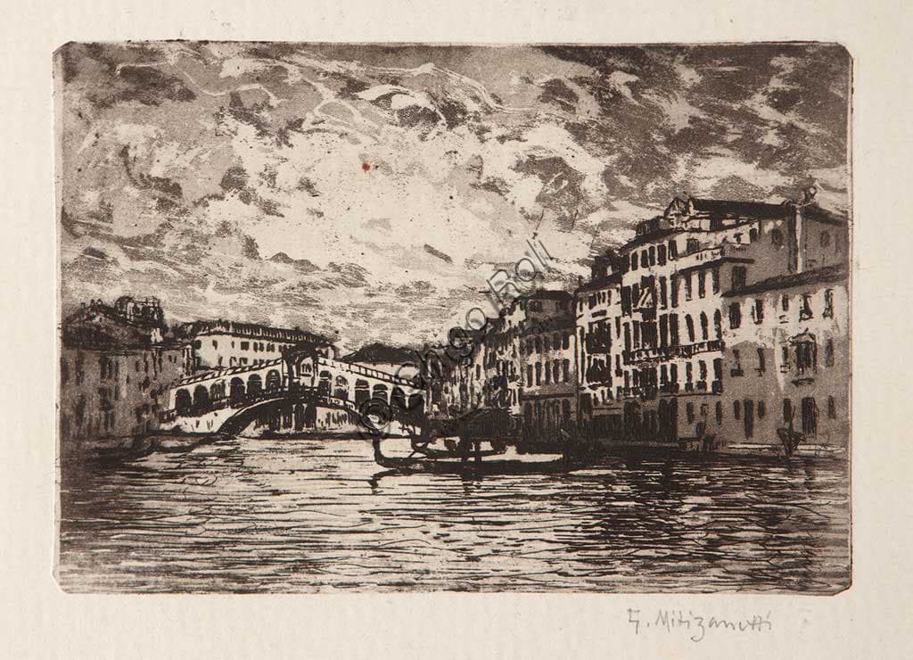 Acquaforte e acquatinta del Ponte di Rialto a Venezia di Giuseppe Miti Zanetti