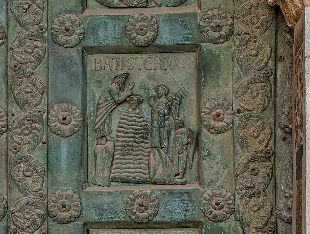 Dettaglio della formella bronzea con il Battesimo di Cristo sulla Porta di Bonanno Pisano, Duomo di Monreale