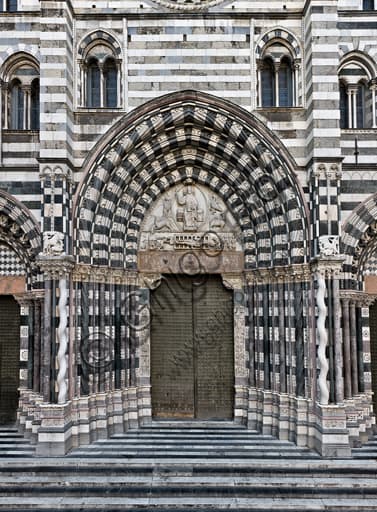 Main doorway of the west façade, Cathedral of Saint Lawrence (Duomo di Genova), Genoa Italy