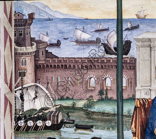 Dettaglio affresco Pinturicchio: porto di Ancona con navi all'ancora nel ciclo di Pio II, Libreria Piccolomini Siena
