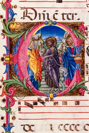 Detail of Preaching of St. John the Baptist illumination, manuscript choir book, Pellegrino di Mariano, Piccolomini Library