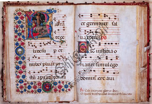 Illumination 'Preaching of St. John the Baptist' by Girolamo da Cremona, Piccolomini Library choir book manuscript
