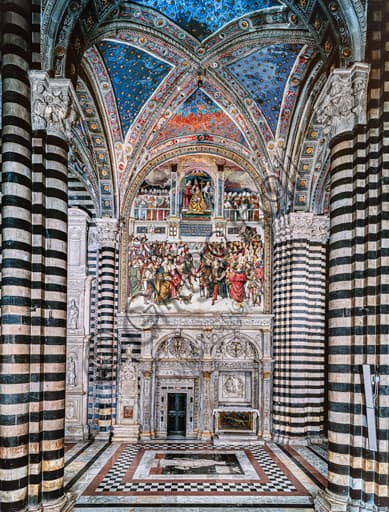 External marble façade of the Piccolomini Library, Siena Cathedral, with Pinturicchio fresco