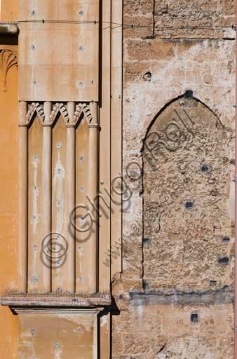 Detail of the eastern façade of the Palazzo dei Normanni in Palermo, showing the juxtaposition of medieval and modern architectural volumes
