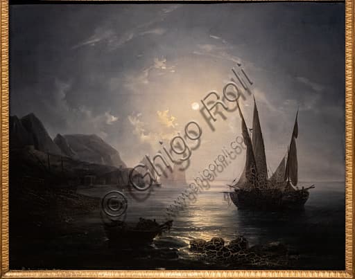 Dipinto Notturno a Capri di Raffaele Fergola, olio su tela 1843, paesaggio notturno del Golfo di Napoli